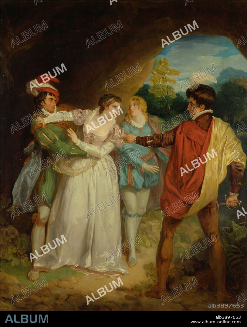 FRANCIS WHEATLEY. Valentine rescuing Silvia from Proteus, from Shakespeare's "The Two Gentlemen of Verona," Act V, Scene 4, the Outlaws' Cave. Date/Period: 1792. Painting. Oil on canvas. Height: 1,664 mm (65.51 in); Width: 1,334 mm (52.51 in).