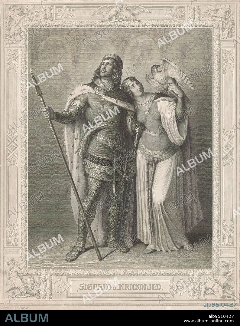 Siegfried and Kriemhilde, Sigfrid und Kriemhild (title on object), print maker: Carl Arnold Gonzenbach, (mentioned on object), after painting by: J. v. Schnorr, (mentioned on object), 1860, paper, steel engraving, height 432 mm × width 337 mm.