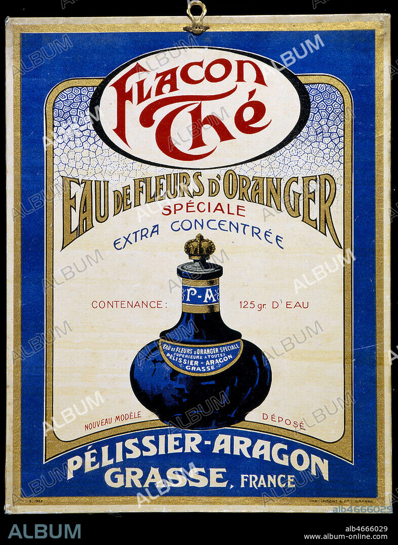'Flacon the, eau de fleur d'oranger speciale extra concentree Pelissier-Aragon', panneau publicitaire cartonne vers 1900. Credit : Collection Grob/KHARBINE-TAPABOR.