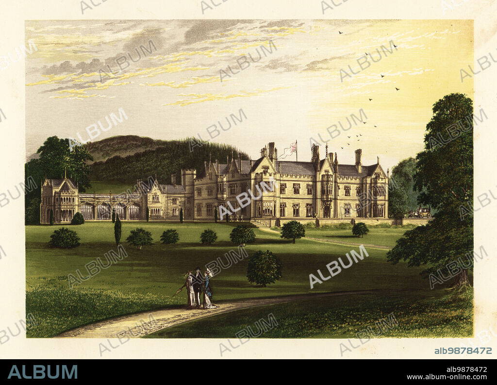 Mamhead House, Devonshire, England. Elizabethan-style house designed by Anthony Savin in 1827-33 in grounds landscaped by Capability Brown for the new owner Sir Robert William Newman, 1st Baronet. Home of Sir Lydston Newman, 3rd Baronet. Colour woodblock by Benjamin Fawcett in the Baxter process of an illustration by Alexander Francis Lydon from Reverend Francis Orpen Morriss Picturesque Views of the Seats of Noblemen and Gentlemen of Great Britain and Ireland, William Mackenzie, London, 1880.
