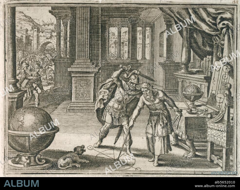 MATTHÄUS MERIAN DER. Archimedes, griech. Mathematiker u. Physiker. um 285 - 212 v. Chr. Tod des Archimedes. (Bei der Eroberung der Stadt Syrakus 212 v. Chr. sticht ein römischer Krieger den geometrische Figuren zeichnenden Archimedes nieder). Kupferstich von Matthäus Merian d. Ä (1593-1650). Aus: J.L.Gottfried, Historische Chronica, Frankfurt a. M., 1630, S. 219. Berlin, Sammlung Archiv für Kunst und Geschichte.