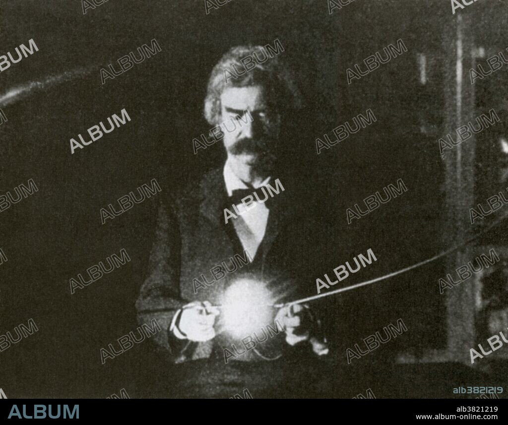 Twain in the laboratory of close friend, scientist and electrical engineer Nikola Tesla in 1894. Samuel Langhorne Clemens (November 30, 1835 - April 21, 1910) better known by his pen name Mark Twain, was an American author and humorist. He is most noted for his novels, The Adventures of Tom Sawyer (1876), and its sequel, Adventures of Huckleberry Finn (1885) often called the Great American Novel. He achieved great success as a writer and public speaker. His wit and satire earned praise from critics and peers, and he was a friend to presidents, artists, industrialists, and European royalty. Twain was born during a visit by Halley's Comet, and he predicted that he would "go out with it" as well. He died the day following the comet's subsequent return. He was lauded as the "greatest American humorist of his age,"and William Faulkner called Twain "the father of American literature.".