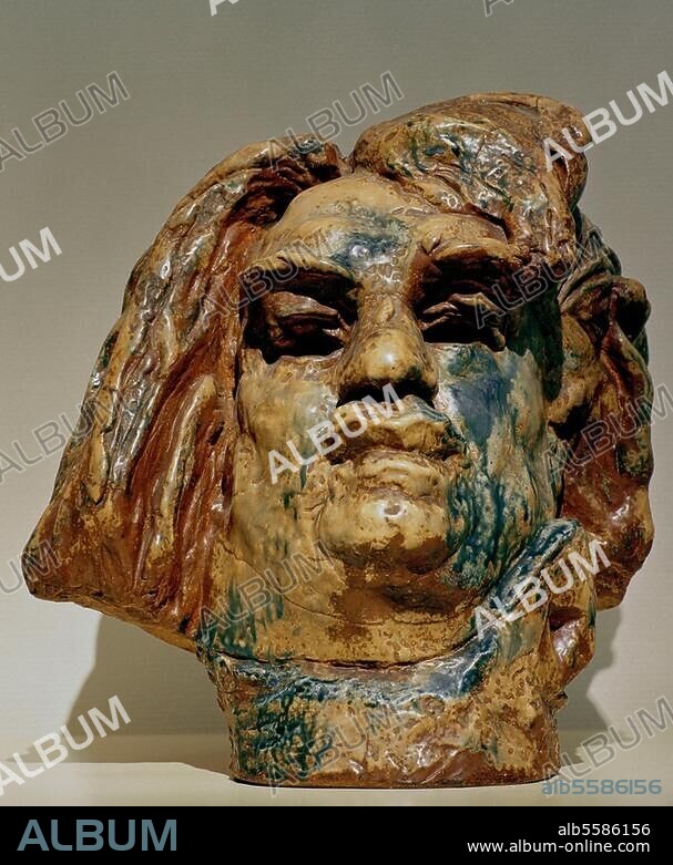 Balzac, Honoré de franz. Schriftsteller, Tours 20.5.1799 - Paris 18.8.1850. "Kolossalkopf Balzacs". Skulptur, um 1905, von Auguste Rodin. (1840-1917) und Paul Jeanneney (1861-1920). Steingut, glasiert, 48 × 44,5 × 37 cm. Paris, Musée du Petit Palais.
