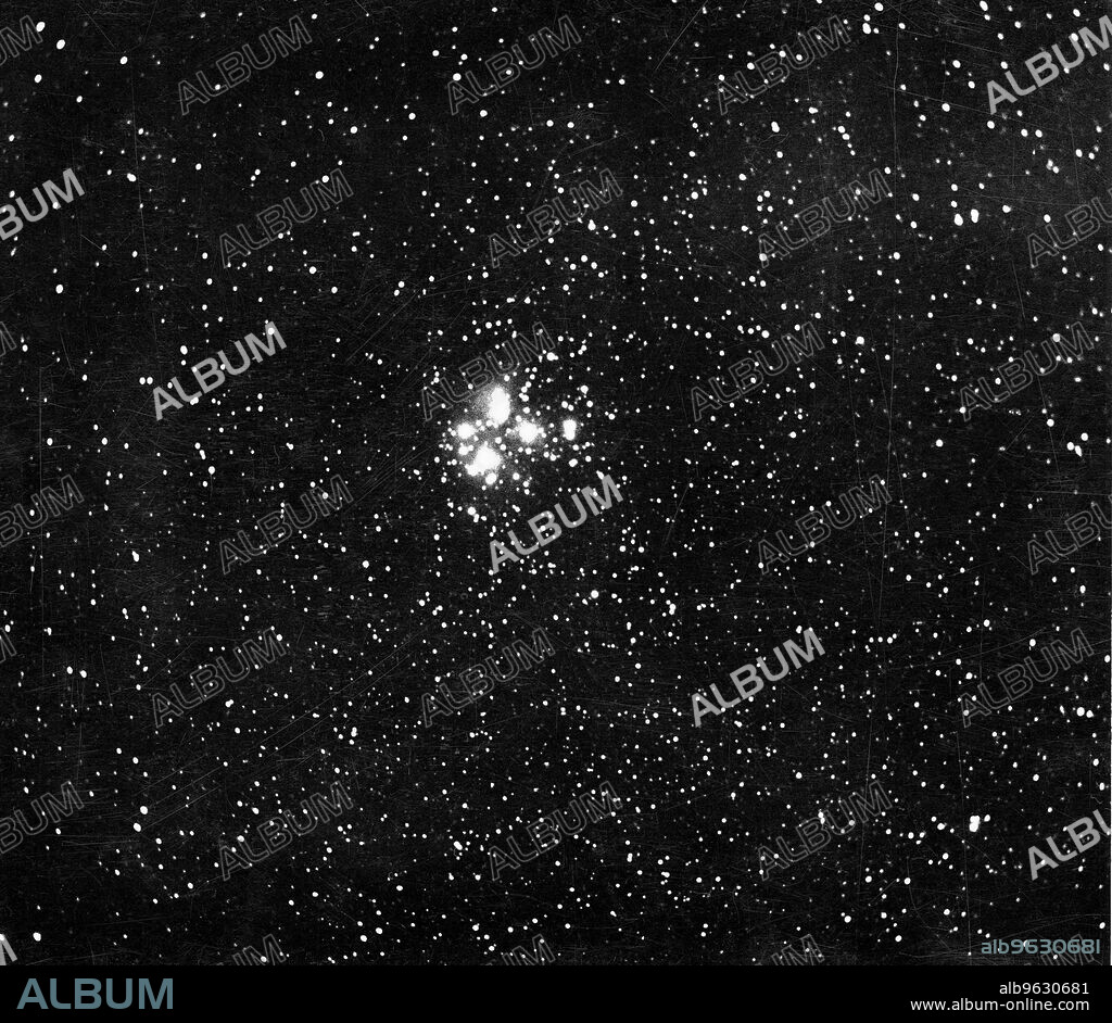 Constellation of the Pleiades (Seven Sisters), c1890. 3 1/2 hour exposure using a 5 inch aperture portrait lens. The Pleiades, 380 light years distant from Earth, is an open cluster of young stars. The seven brightest stars are easily visible with the naked eye, but the cluster actually consists of hundreds of stars.