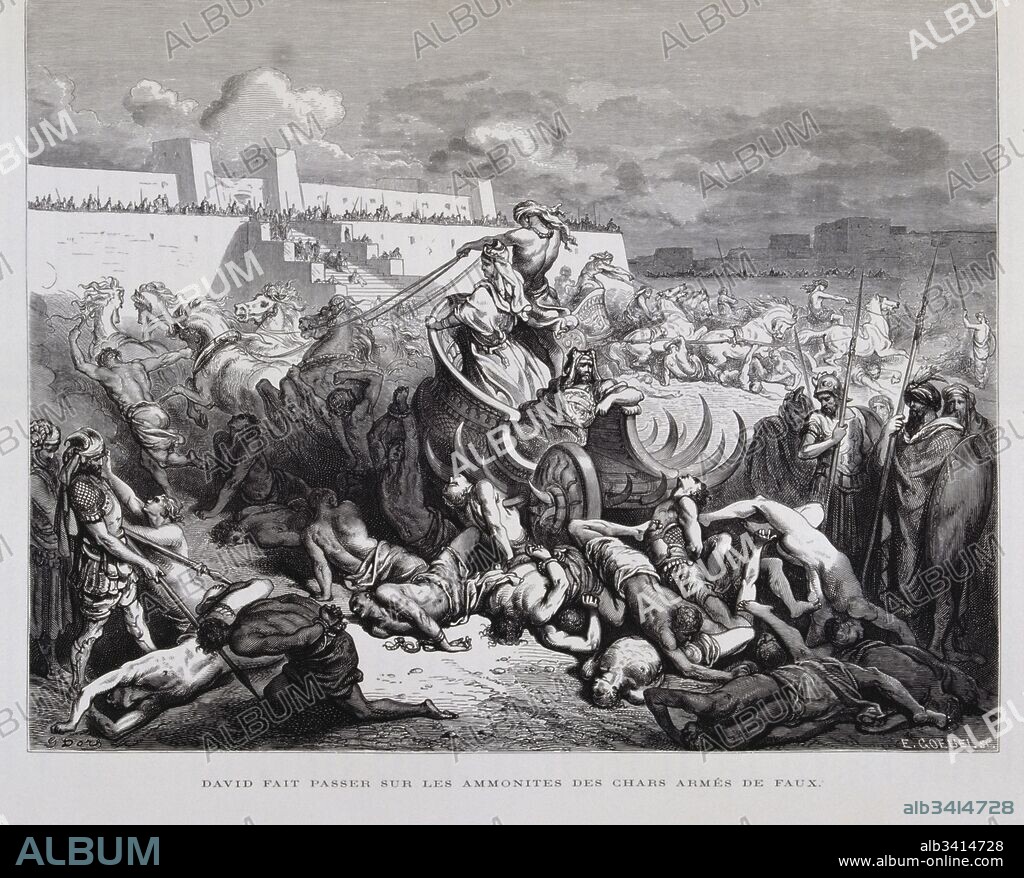 King David Punishing The Ammonites , Illustration from the Dore Bible 1866. In 1866, the French artist and illustrator Gustave Doré (1832–1883), published a series of 241 wood engravings for a new deluxe edition of the 1843 French translation of the Vulgate Bible, popularly known as the Bible de Tours. This new edition was known as La Grande Bible de Tours and its illustrations were immensely successful. Siege of Rabbah. David attacks the Ammonites.