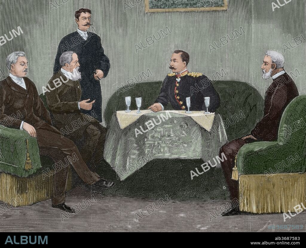 Guillermo II de Alemania (Berlín, 1859-Doorn,1941). Ultimo rey de Prusia y emperador de Alemania (1888-1918). Grabado de 1890. Reunión en el palacio del príncipe Bismarck (Berlín) donde el emperador explicaba sus ideas sobre la cuestión obrera. Coloreado.