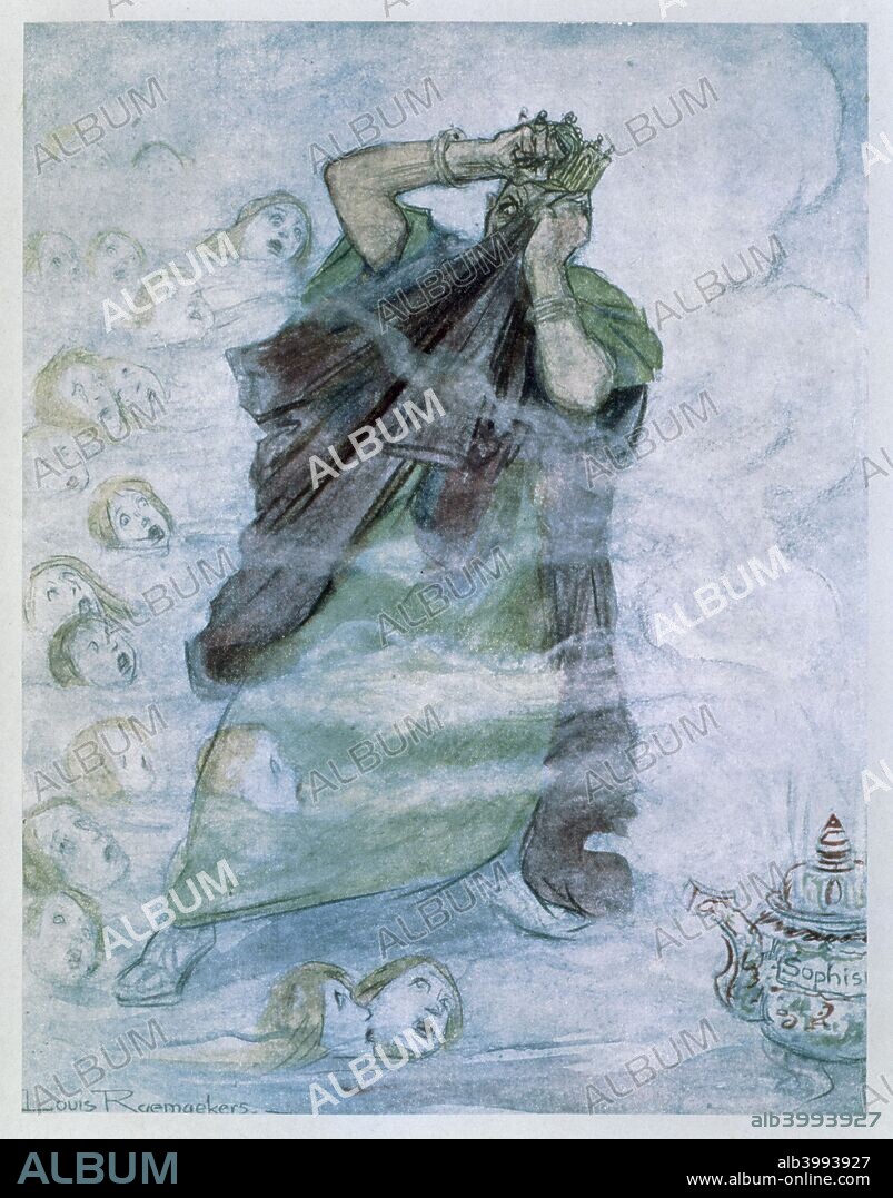 'The Lusitania: Herod's Nightmare, 1915 ''Are They Crying 'Mother' or 'Murder'?''', 1916. Plate 60 from The Great War: A Neutral's Indictment by Louis Raemaekers. The Dutch graphic artist Louis Raemaekers (1869-1956) produced fiercely anti-German cartoons during the First World War. The Germans offered a substantial reward for him, dead or alive, and the Dutch government, under pressure from Germany, placed Raemaekers on trial on a charge of endangering Dutch neutrality. He was acquitted, but fled to England because of the bounty on his head.