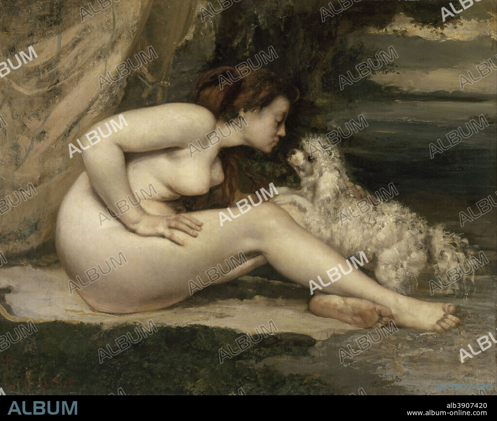 GUSTAVE COURBET. Femme nue au chien Nude Woman with a Dog. Date/Period: 1861 - 1862. Painting. Oil on canvas. Height: 650 mm (25.59 in); Width: 810 mm (31.88 in).