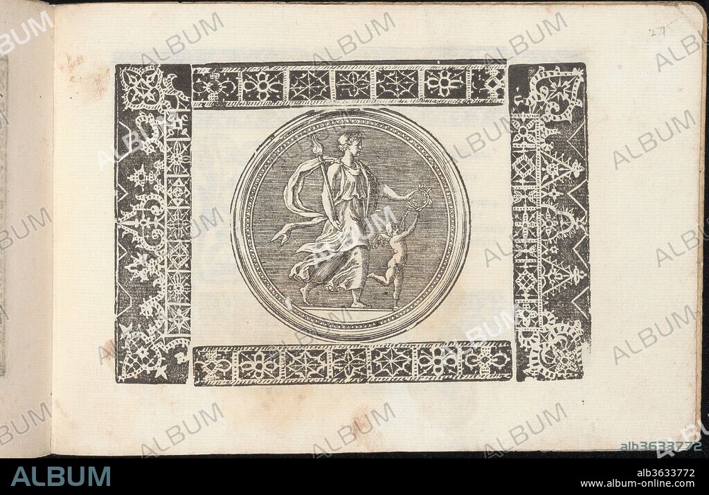 Corona delle Nobile et Virtuose Donne, Libro Terzo, page 27 (recto). Designer: Cesare Vecellio (Italian, Pieve di Cadore 1521-1601 Venice) , Venice. Dimensions: Overall: 5 1/2 x 7 11/16 in. (14 x 19.5 cm). Publisher: Alessandro de' Vecchi (Italian, active Venice, 1570-1629) , Venice. Date: 1620.
Designed by Cesare Vecellio, Italian, Pieve di Cadore 1521-1601 Venice, Venice, published by Alessandro de' Vecchi, Italian, active 17th century, Venice.
From top to bottom, and left to right:
Design consists of a central section that is decorated with a circle that frames a scene depicting a robed man holding a torch that walks behind of a jumping putto that attempts to grab a laurel crown. All 4 edges of the design have a decorative border that are each ornamented with a diverse floral pattern.