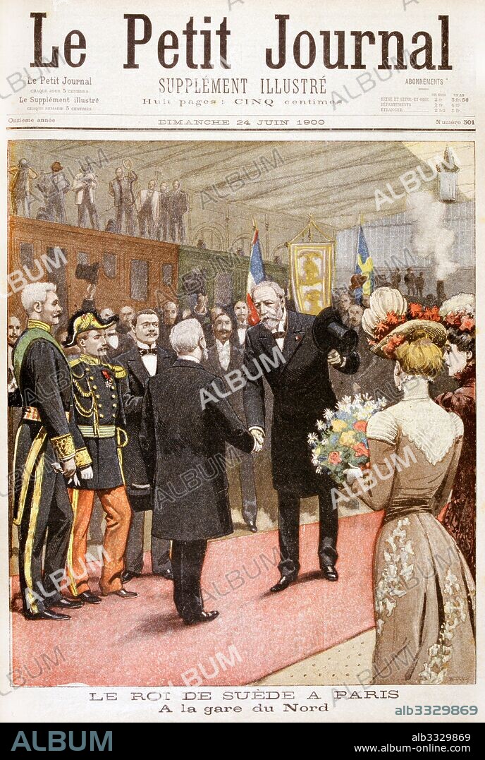 Oscar II, King of Sweden visits France, 1900, King Oscar of Sweden (right) arriving in Paris to visit the Universal Exposition. He is greeted at the Gare du Nord, by President Loubet.