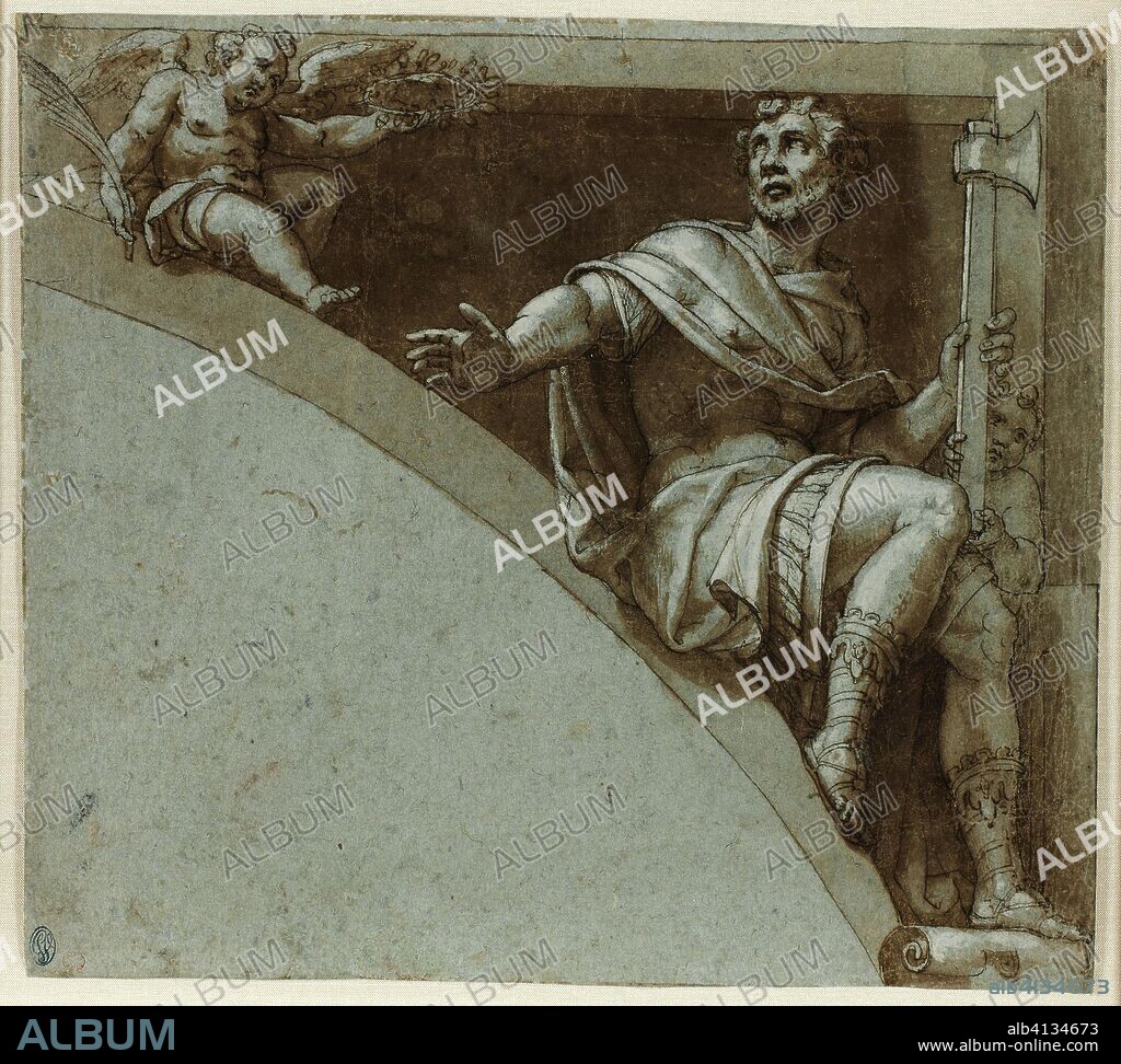 Design for a Spandrel: A Roman Martyr and Two Putti-Saint Jude the Apostle. Livio Agresti; Italian, 1508-1579. Date: 1573-1575. Dimensions: 238 x 270 mm (sight). Pen and brown ink, with brush and brown wash, heightened with lead white gouache, on blue laid paper. Origin: Italy.