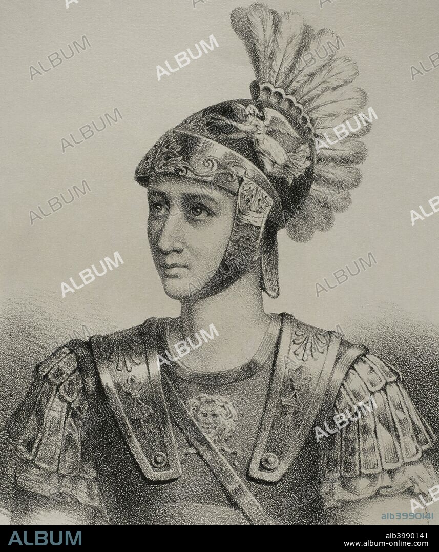 Escipión el Africano (236-183 a. C). Político de la República romana. General durante la II Guerra Púnica. Derrotó a Aníbal en la batalla de Zama. Dibujo por Llanta, detalle. Litografía. Crónica General de España, Historia Ilustrada y Descriptiva de sus Provincias. Cataluña, 1866. Biblioteca Histórico Militar de Barcelona. Cataluña, España.