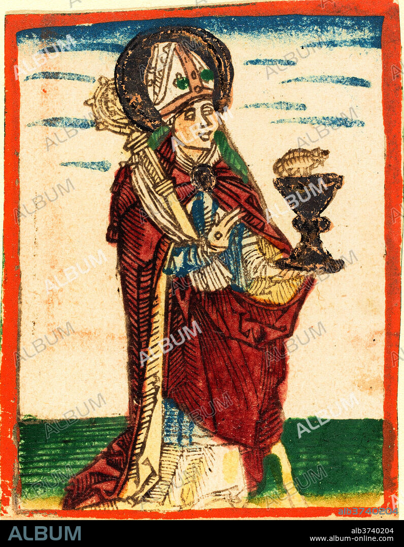 GERMAN 15TH CENTURY. Saint Conrad of Constance. Dated: 1480/1490. Medium: woodcut in brown, hand-colored in red lake, green,yellow, blue, gold, and orange.