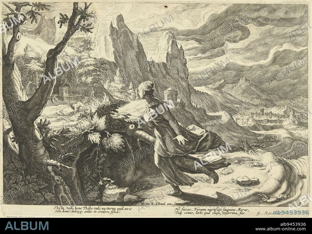 Thisbe looks anxiously at a lion, who is walking around near the spring where she was to meet Pyramus. Beneath the scene two lines of Latin text. This print is part of a series of 52 prints depicting stories from Ovid's Metamorphoses. This series is divided into three numbered series: two of 20 prints and one of 12 prints. This print belongs to the third series, Thisbe flees before a lion Ovid's Metamorphoses (series title), print maker: Hendrick Goltzius, (workshop of), print maker: Robert de Baudous, (workshop of), Hendrick Goltzius, (mentioned on object), print maker: Haarlem, print maker: Netherlands, publisher: Netherlands, 1615, paper, engraving, h 177 mm × w 253 mm.