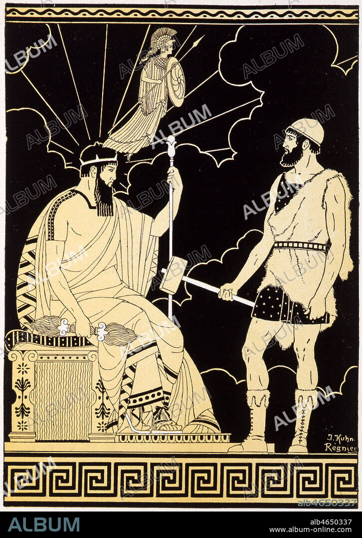 La naissance de MINERVE : Jupiter avale MEtis qu'il a mise enceinte, pour eviter qu'elle ne donne naissance a un garcon qui le detronerait. Quelques temps plus tard, pris d'un violent mal de crane il demande a Vulcain de lui fendre le crane. Minerve sort de la plaie deja casquee et prete au combat. Illustration par KUHN-REGNIER (1873-1940) tiree de l'ouvrage 'Contes et legendes mythologiques' par Emile GENEST. Credit : Coll. Jonas/KHARBINE-TAPABOR.