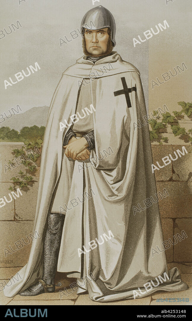 Caballero de la Orden de Montesa en la época anterior a su unión con la de San Jorge de Alfama, vestido en traje de guerra, anterior al año 1399. Orden militar establecida por el rey Jaime II de Aragón en 1317 para sustituir a la Orden del Temple. Cromolitografía. Historia de las Ordenes de Caballería y de las Condecoraciones Españolas. Madrid, 1865. Biblioteca Histórico Militar de Barcelona, Cataluña, España.