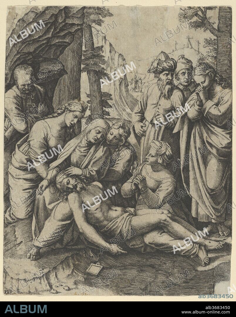 The lamentation of the dead Christ who is supported by the Virgin Mary and surrounded by other figures. Artist: Marcantonio Raimondi (Italian, Argini (?) ca. 1480-before 1534 Bologna (?)); After Raphael (Raffaello Sanzio or Santi) (Italian, Urbino 1483-1520 Rome). Dimensions: 8 1/4 x 6 9/16 in.  (21.0 x 16.6 cm). Date: ca. 1515-16.
