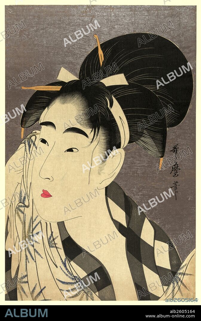 Ase o fuku onna, Woman wiping sweat., Kitagawa, Utamaro, 1753?-1806, artist, [1798, printed between 1918 and 1923], 1 print : woodcut, color., Print shows a head-and-shoulders portrait of a young woman wiping her face.