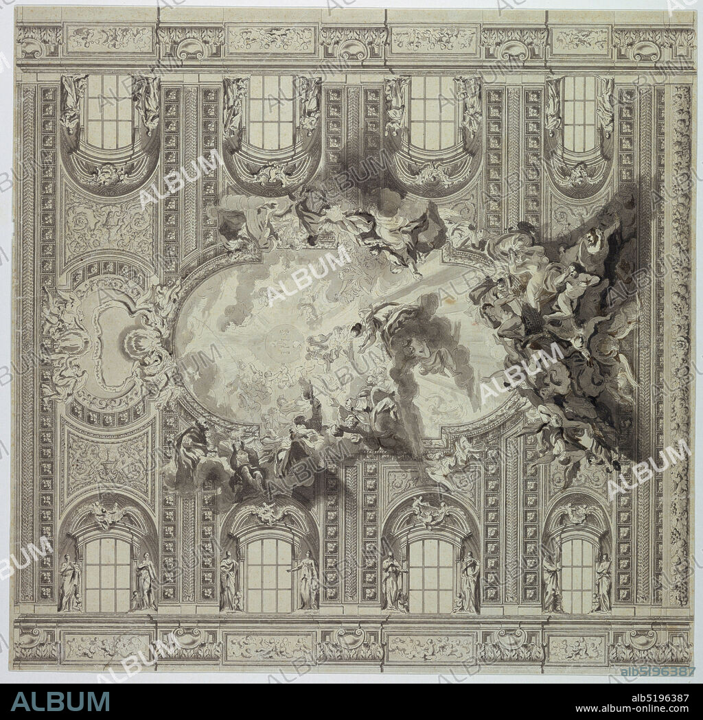 Ceiling of the Church of the Gesù, Rome, Italy, Pen and black ink, brush and grey watercolor on white laid paper, Sketch of the Church of the Gesù ceiling, painted by Giovanni Battista Gaulli (called 'Il Baciccio'), showing the Triumph of the Nature of Jesus. The painted decoration is contained between four windows at either side., France, 1750, Drawing, Drawing.