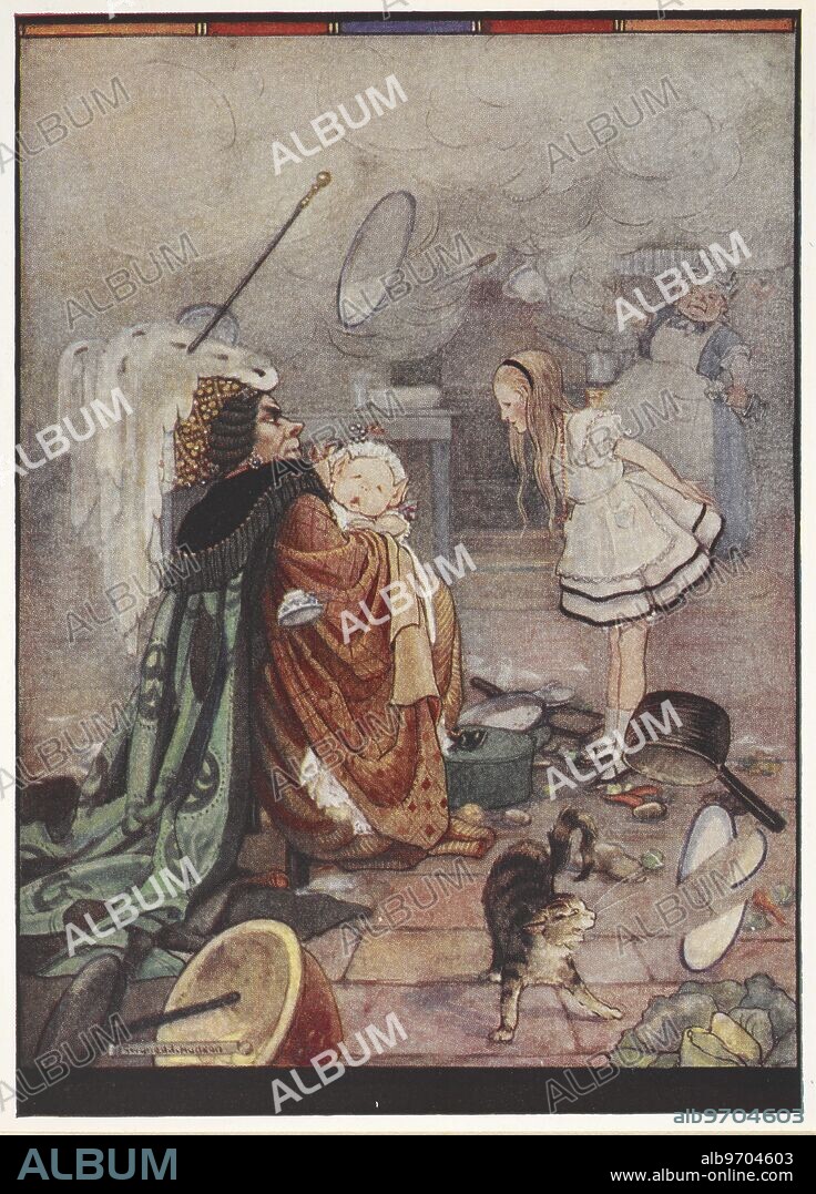 A chaotic kitchen scene with the Dutchess carrying a pig dressed as a baby talking to Alice while the Cook is throwing utensils.,'The Cook at once set to work throwing everything within her reach at the Duchess and the Baby.'.