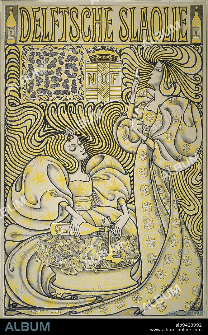 Poster for Delft Salad Oil, Jan Toorop, 1894, That this is salad oil makes the inscription clear, as do the bottles of salad oil on either side of the text. Below it is the crowned coat of arms of the factory, with a decorative area of peanuts on the left. The bulk of the poster is taken up by two graceful female figures with long hair. One is seated and preparing lettuce in a large container; the other has gaze and hands raised. The wavy, rhythmic interplay of lines, with which the women's hair fills the picture plane, made such an impression that Art Nouveau owes its nickname of 'slavery style' to this poster., designer: Jan Toorop, Netherlands, 1894, paper, h 950 mm × w 625 mm.