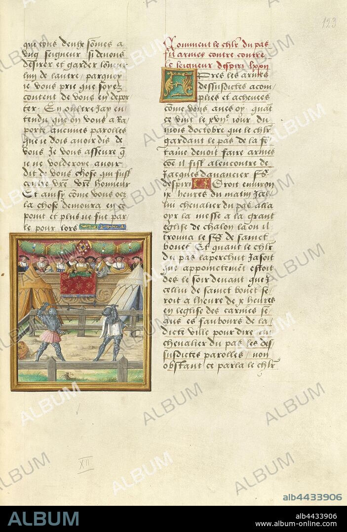 Jacques de Lalaing Fighting the Lord of Espiry at the Passage of Arms of the Fountain of Tears, Master of the Getty Lalaing (Flemish, active about 1530), Belgium, about 1530, Tempera colors, gold leaf, gold paint, and ink, Leaf: 36.4 × 26.2 cm (14 5/16 × 10 5/16 in.).