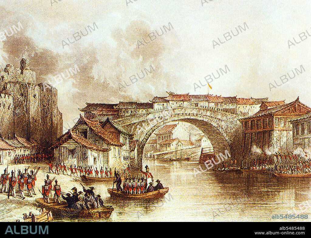 The Battle of Chinkiang (Zhenjiang, Jiangsu) was fought between British and Chinese forces in Chinkiang, China, on 21 July 1842 during the First Opium War. It was the last major battle of the war. The British capture of this stronghold allowed them to proceed forward to Nanking. This print was based on an eye witness sketch made by a naval captain at the time of the siege in 1842. The Grand Canal has a picturesque bridge connecting the suburbs with the main gate of the fortress on the left. Marines and seamen are disembarking to scale the walls while the 3rd Brigade are firing at the Manchu defenders on the parapets. Figures can also be seen formed up on the bridge, ready to storm in.