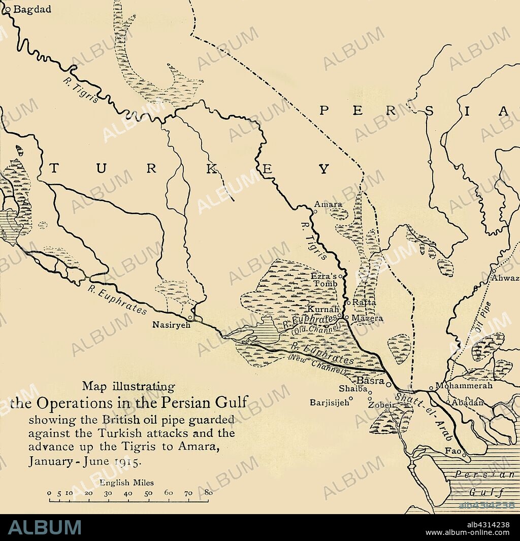 'Map illustrating the Operations in the Persian Gulf', First World War, 1915, (c1920). '...showing the British oil pipe guarded against the Turkish attacks and the advance up the Tigris to Amara, January - June 1915'. From "The Great World War - A History" Volume III, edited by Frank A Mumby. [The Gresham Publishing Company Ltd, London, c1920].