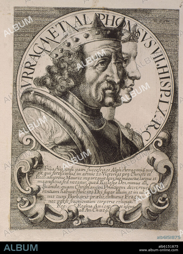 ARNOLDO VAN WESTERHOUT. ALFONSO VII (1104-1157) REY DE GALICIA Y DE CASTILLA Y LEON Y DOÑA URRACA (1133-1189) - EFFIGIES ET SERIES REGUM HISPANIAE - GRABADO SIGLO XVII.
