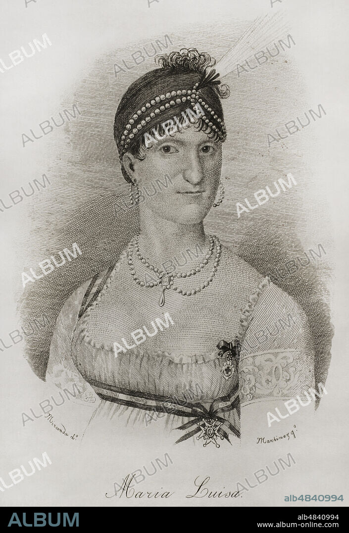 María Luisa de Parma (1751-1819). Reina consorte de España como esposa de Carlos IV. Ilustración por Miranda. Grabado por Martinez. Historia del Levantamiento, Guerra y Revolución de España, por el Conde de Toreno. Madrid,1851.