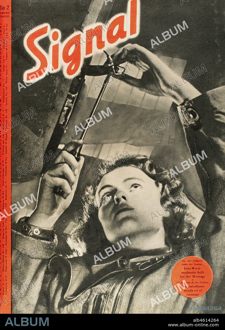Revista "Signal". Portada del ejemplar número 2 (enero de 1941) de la versión española (SP 2). Imagen de una estudiante alemana ayudando en la cadena de montaje de los aviones Stukas. Esta revista se publicó entre abril de 1940 y abril de 1945, siendo el principal órgano de propaganda del ejército alemán durante la Segunda Guerra Mundial. A partir del número 8 de 1941 se publicó una versión íntegra en español, identificada con el código SP.