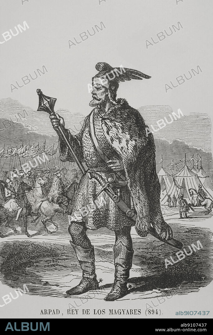 Arpád (h. 845 - h. 907). Jefe de la confederación de las tribus magiares. Príncipe de Hungría (h. 895-h. 907). Retrato. Grabado. Los Héroes y las Grandezas de La Tierra. Tomo VI. 1856.