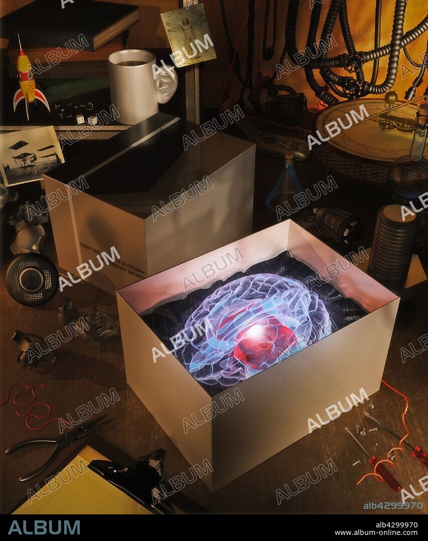 New glowing brain in box on workbench.