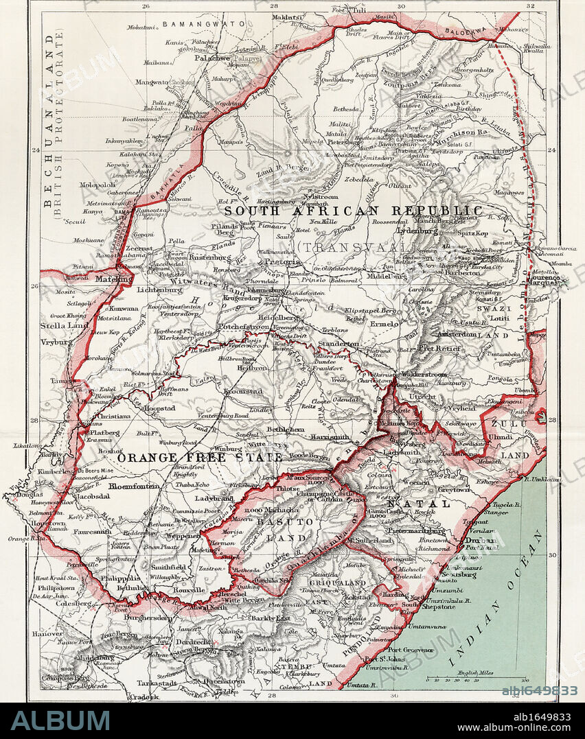 Map of South African republic, Orange Free State and Natal circa. 1900. From the book South Africa and the Transvaal War by Louis Creswicke, published 1900.