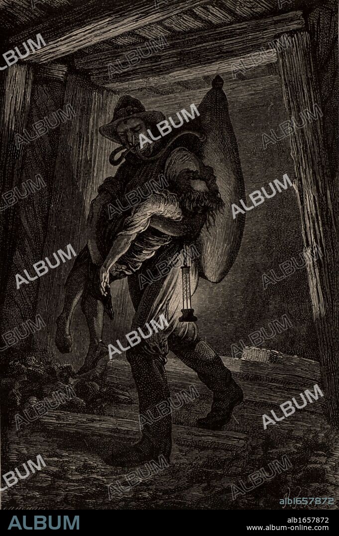 Rescuing a miner after a pit disaster. The rescuer is using Galibert's breathing apparatus. From  "Underground Life; or, Mines and Miners" by Louis Simonin (London, 1869). Wood engraving.  (Photo by: Universal History Archive/UIG via Getty Images).