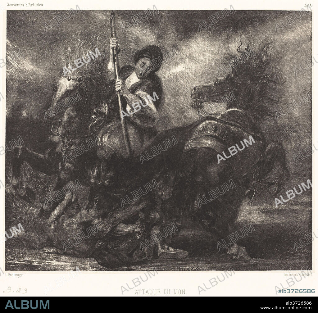 LOUIS-CANDIDE BOULANGER. Attaque du lion. Dated: c. 1830. Dimensions: image: 19.7 x 23.2 cm (7 3/4 x 9 1/8 in.)  sheet: 31.2 x 44.9 cm (12 5/16 x 17 11/16 in.). Medium: lithograph on chine coll.