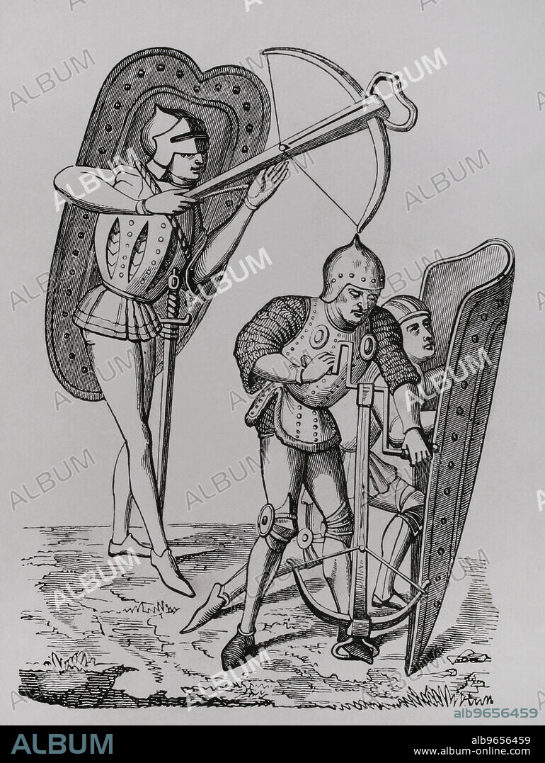 Crossbowmen protected by shields, 15th century. Engraving from a miniature of "Froissart's Chronicles". "Les Arts au Moyen Age et a l'Epoque de la Renaissance", by Paul Lacroix. Paris, 1877.