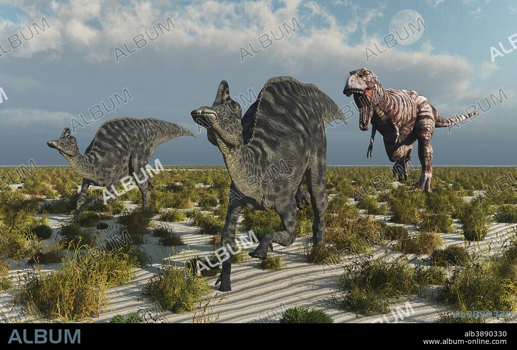 A carnivorous T-rex chasing a pair of Velafrons dinosaurs during Earth's Cretaceous period.