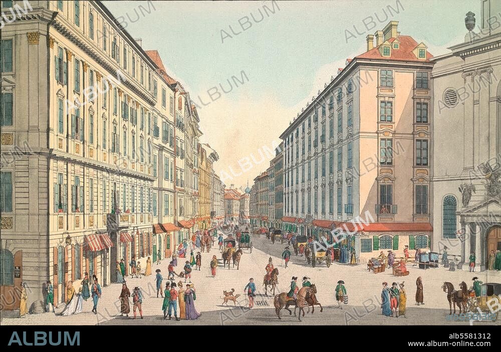 CARL SCHUETZ. Vienna, Kohlmarkt. View of the Kohlmarkt from Michaelplatz; right: St. Michael's church. Aquatint, coloured, 1786, by Karl Schuetz (1745-1800).