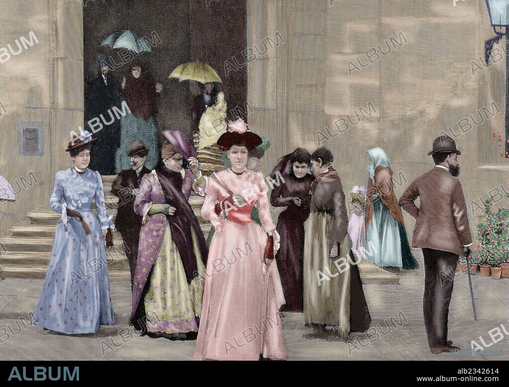 Spain. Barcelona. Mass output. Engraving by Rico. The Spanish and American Illustration, 1890. Colored.