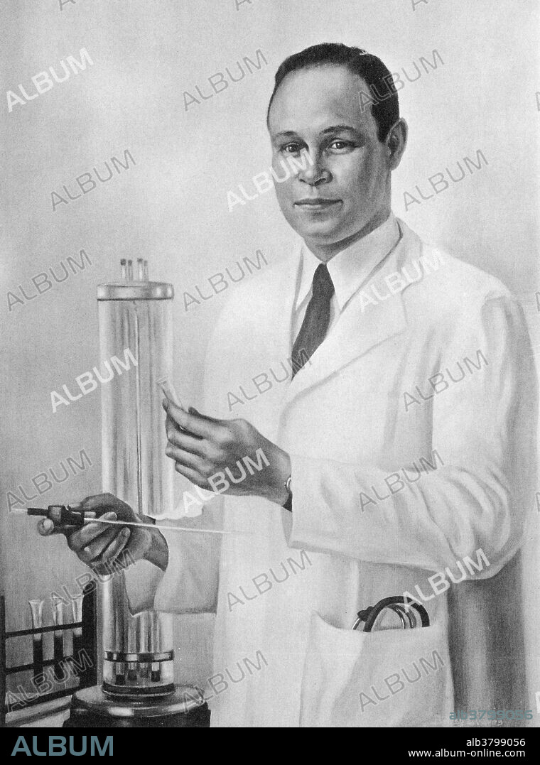 Charles Richard Drew (June 3, 1904-April 1, 1950) was an African-American physician, surgeon and medical researcher. He researched in the field of blood transfusions, developing improved techniques for blood storage, and applied his expert knowledge to developing large-scale blood banks early in World War II. This allowed medics to save thousands of lives of the Allied forces. The research and development aspect of his blood storage work is disputed. As the most prominent African-American in the field, Drew protested against the practice of racial segregation in the donation of blood, as it lacked scientific foundation, an action which cost him his job. In 1943, Drew's distinction in his profession was recognized when he became the first black surgeon selected to serve as an examiner on the American Board of Surgery. On April 1, still fatigued from spending the night before in the operating theater, Drew lost control of his vehicle. The three other physicians suffered minor injuries, but Drew was trapped with serious wounds; his foot had become wedged beneath the brake pedal. He was pronounced dead a half hour after he first received medical attention. In 1981, the United States Postal Service issued a 35Â¢ postage stamp in its Great Americans series to honor Drew. Painting by Betsy Graves Reyneau.