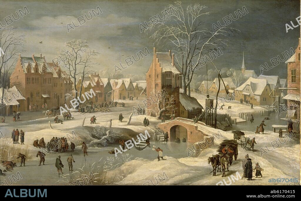 PIETER BRUEGHEL EL JOVEN 1564-1638 BRUEGHEL D ENFE. PAISAJE NEVADO - SIGLO XVII  - OLEO/TABLA - 45 x 76 cm - NP 2816 - ESCUELA FLAMENCA.