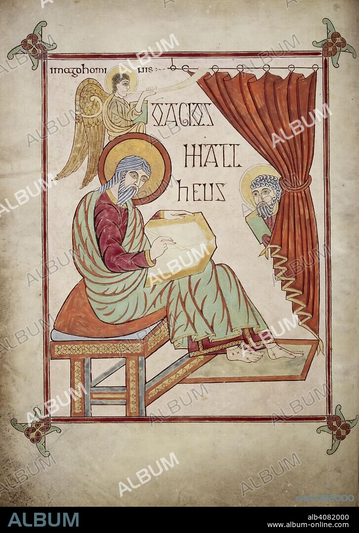 BISHOP OF LINDISFARNE EADFRITH et ALDRED THE GLOSSATOR. [Whole folio] St. Matthew, writing. He is accompanied by his symbol, a winged man blowing a trumpet and carrying a book; a figure holding a book appears by the curtain. Lindisfarne Gospels. N.E. England [Lindisfarne]; 710-721. Source: Cotton Nero D. IV, f.25v. Language: Latin, with Anglo-Saxon glosses.