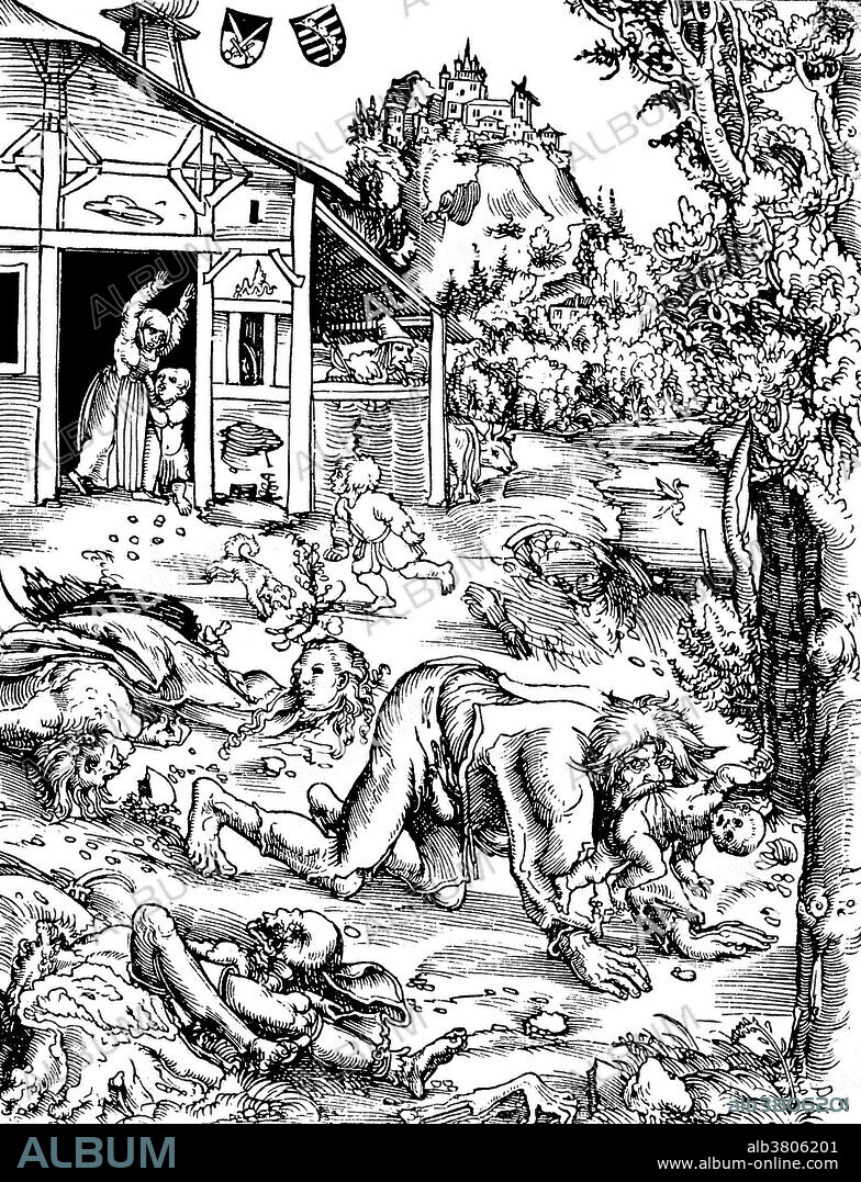 Woodcut of a werewolf attack, by Lucas Cranach the Elder, 1512. A werewolf, in European folklore, is a man who turns into a wolf at night and devours animals, people, or corpses but returns to human form by day. Some werewolves change shape at will; others, in whom the condition is hereditary or acquired by having been bitten by a werewolf, change shape involuntarily, under the influence of a full moon. If he is wounded in wolf form, the wounds will show in his human form and may lead to his detection. Belief in werewolves is found throughout the world. The psychiatric condition in which a person believes he is a wolf is called lycanthropy. In French folklore, the werewolf is called loup-garou. France was particularly afflicted with reports of them in the 16th century, and there were many notable convictions and executions of loups-garous.