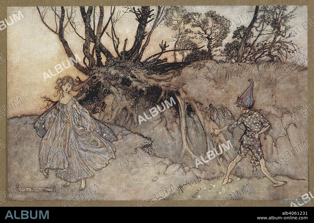 WILLIAM SHAKESPEARE. How now, spirit! Whither wander you?'  Puck and a fairy. A scene from 'A Midsummer Night's Dream.  . A Midsummer Night's Dream ... With illustrations by Arthur Rackham. London : William Heinemann, 1908. Source: Cup.410.bb.55, facing page 22.