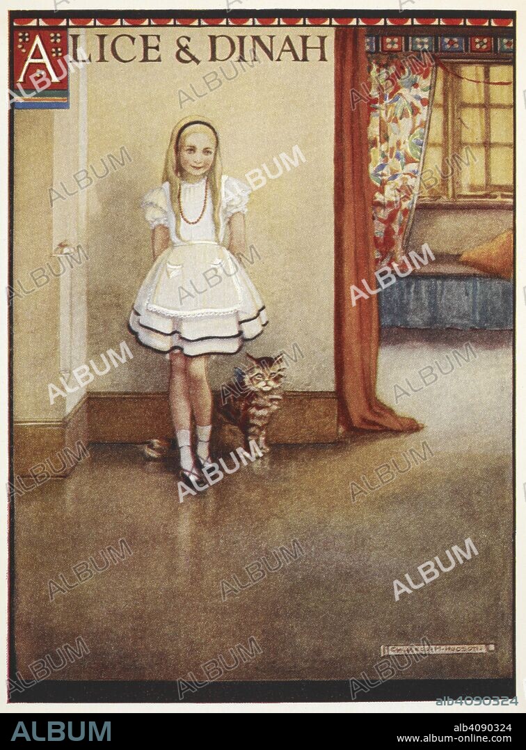 LEWIS PSEUD. [I. E. CHARLES LUTWIDGE DODGSON] CARROLL and GWYNEDD M. HUDSON. Alice and Dinah the tabby cat. Alice's adventures in wonderland / by Lewis Carroll ; illustrated by Gwynedd M. Hudson. [London?] : Hodder and Stoughton, [1922?]. 'Alice and Dinah'. Source: YA.1997.b.4119 frontispiece.