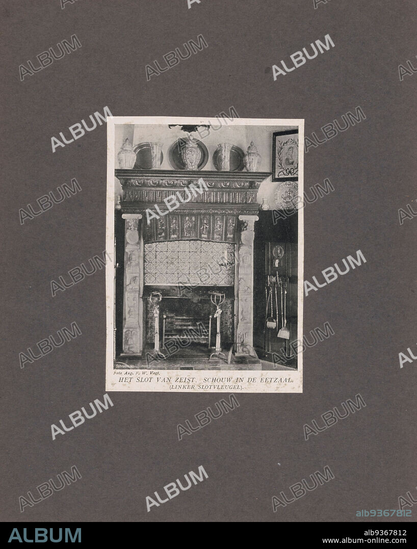 Fireplace in the dining room of Slot Zeist at Zeist, THE SLOT OF ZEIST. FIREPLACE IN THE DINING ROOM. (LEFT WING OF THE CASTLE). (title on object), August Frederik Willem Vogt (mentioned on object), Slot Zeist, c. 1895 - c. 1910, cardboard, paper, height 150 mm × width 107 mm.