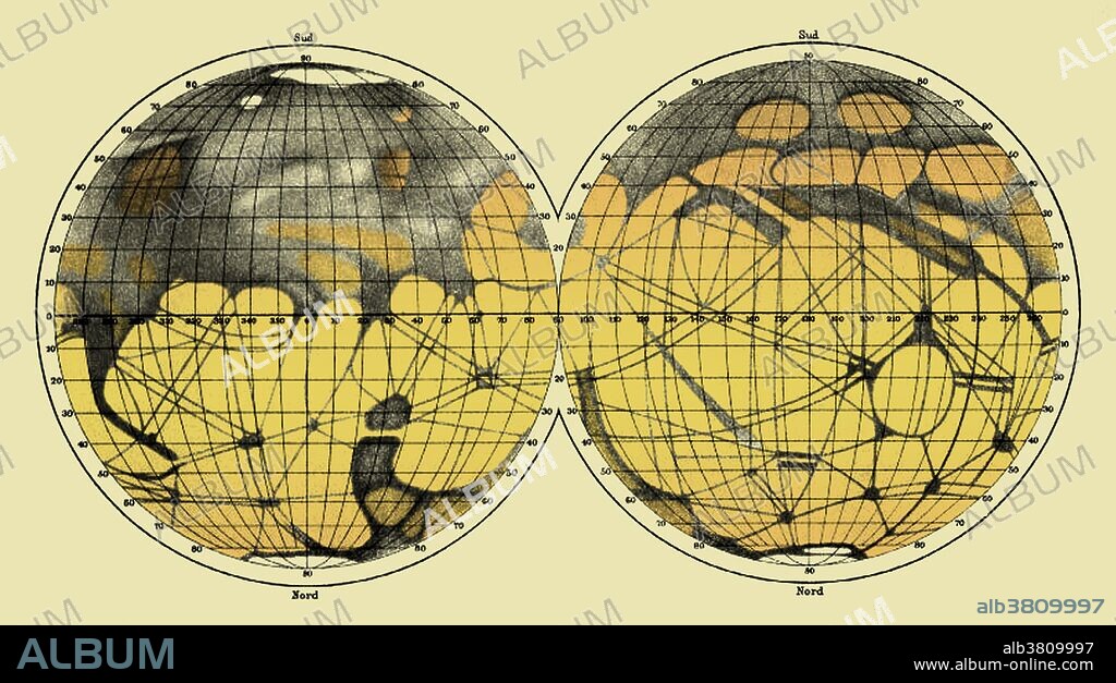 Color enhanced Schiaparellis map of the canali of Mars. Giovanni Virginio Schiaparelli (1835-1910) was an Italian astronomer and science historian. In 1888, Schiaparelli announced the discovery of a network of narrow lines on Mars, which he described as "canali," an Italian word that means "channels." In Italian, the word can mean a natural channel like a river valley. Schiaparelli's drawings show winding lines that look natural. Unfortunately, English speakers interpreted "canali" as "canals," which are artificial. Some people went so far as to propose the idea that the canals were irrigation canals built by a supposed intelligent civilization on Mars. This map was drawn between 1882 and 1898, when it was published. Mars, also called the Red Planet, is the fourth planet from the sun, having a reddish-orange surface with numerous dark patches and two white polar caps. It has a thin atmosphere, mainly carbon dioxide, and low surface temperatures. Spacecraft encounters have revealed a history of volcanic activity and running surface water. The planet has two tiny satellites, Phobos and Deimos.