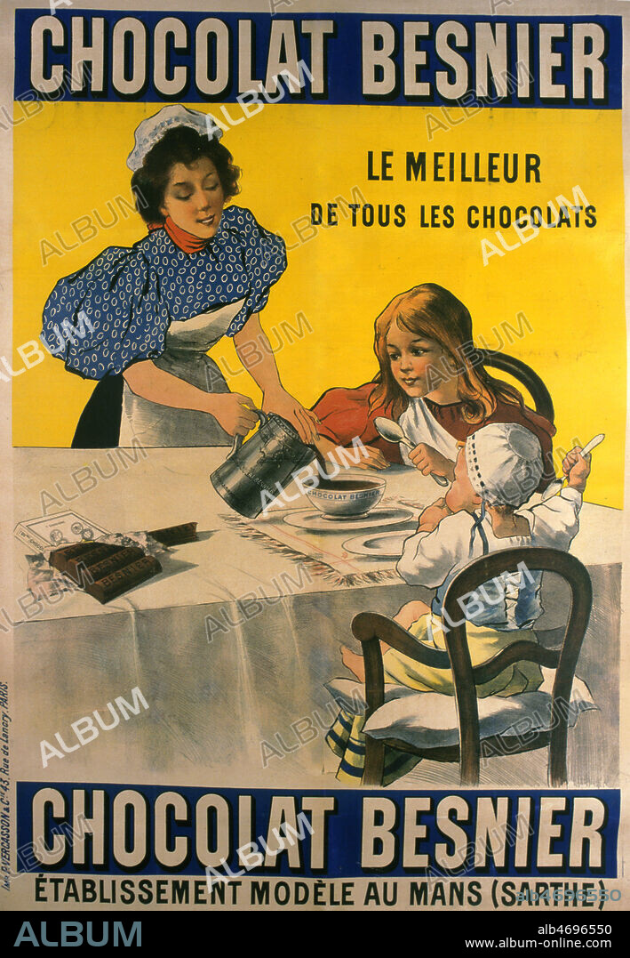 Affiche publicitaire pour le chocolat Besnier realisee vers 1900. Une bonne sert du chocolat a une petite fille et un bebe. Credit : Coll. Perrin/KHARBINE-TAPABOR.