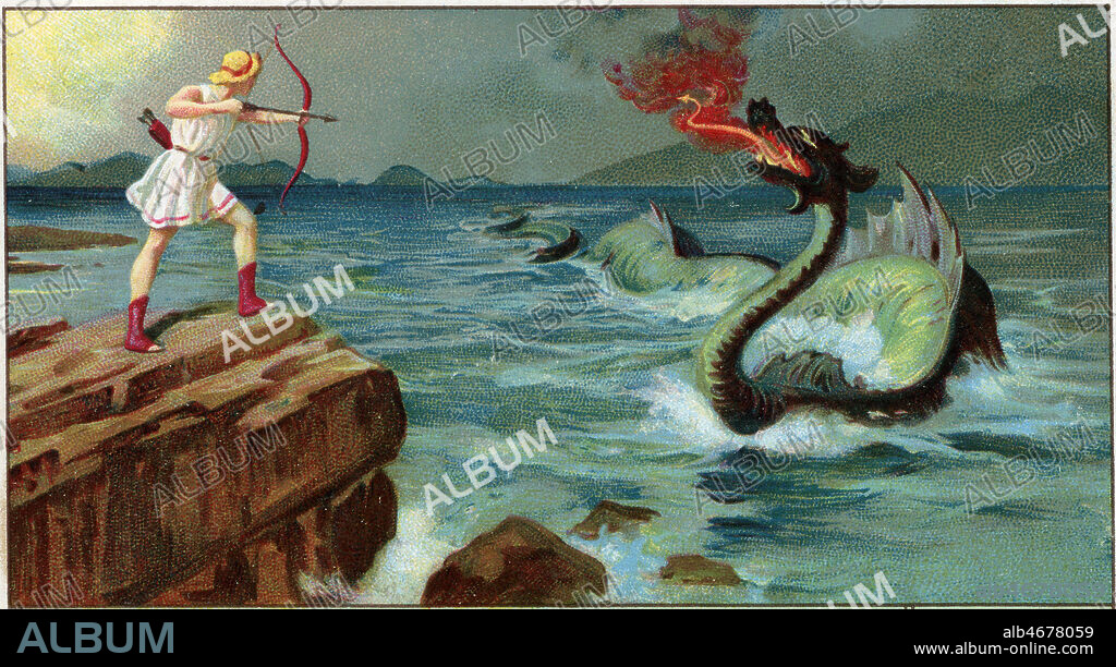 'Apollon : le Python' : Apollon tue cet enorme serpent qui rendait des oracles a Delphes. Chromo Liebig de 1933 tire d'une serie sur Apollon. Credit : Collection KHARBINE-TAPABOR.